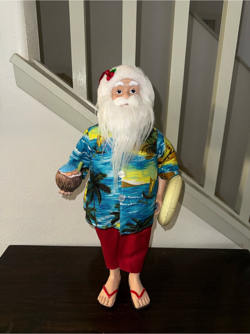 Tropical Santa Doll with Coconut and Floatie- Blue Hawaiian Shirt, Red Pants